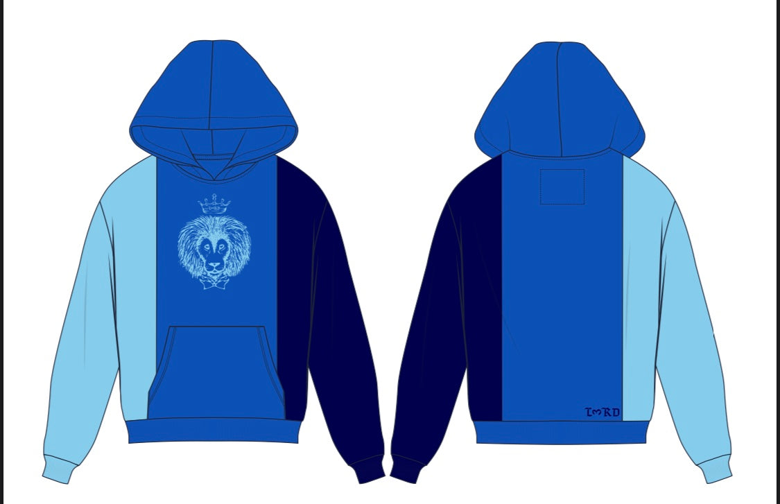 3-Tone Lion L3RD Logo Hoodie featuring bold blue color blocking and an iconic lion logo design.