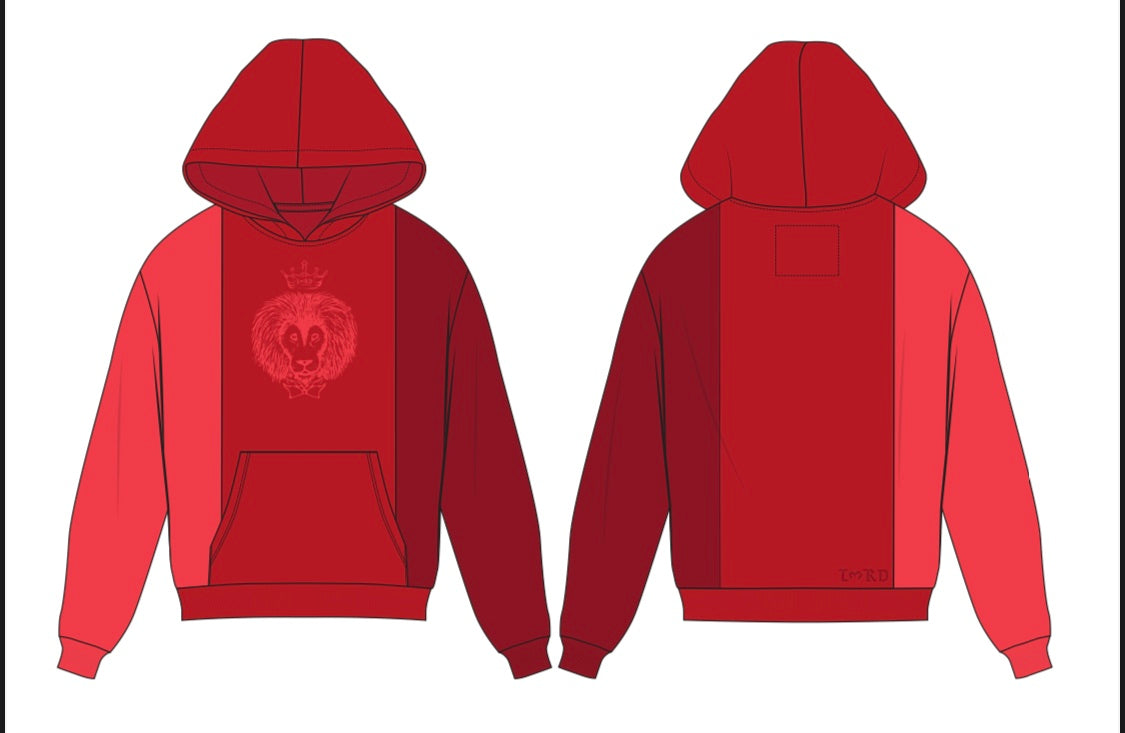 3-tone red lion logo hoodie with bold color blocking and classic design, showcasing street-style aesthetic.